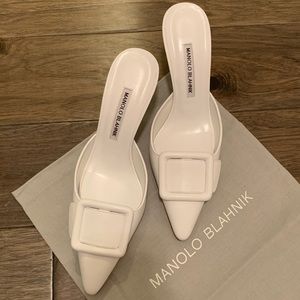 Manolo Blahnik White Napa Leather Maysale Mules